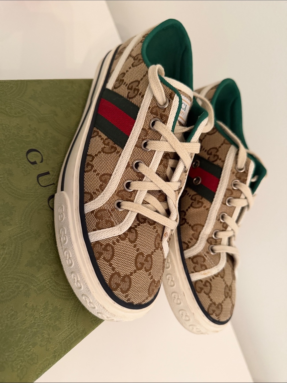 Gucci Womens 1977 Tennis Beige GG Canvas Low-Top Sneakers